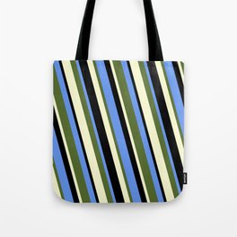 [ Thumbnail: Cornflower Blue, Dark Olive Green, Light Yellow, and Black Colored Lines/Stripes Pattern Tote Bag ]