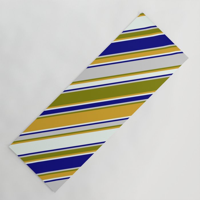 Colorful Light Gray, Green, Goldenrod, Mint Cream, and Blue Colored Pattern of Stripes Yoga Mat
