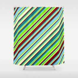 [ Thumbnail: Light Sky Blue, Green, Light Yellow, Dark Red, and Teal Colored Lined/Striped Pattern Shower Curtain ]