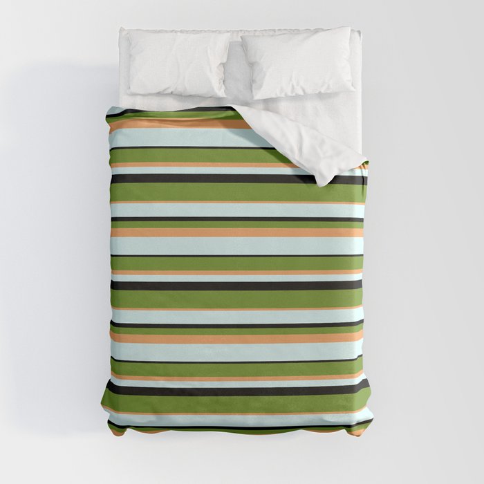 Green, Brown, Light Cyan, and Black Colored Stripes/Lines Pattern Duvet Cover
