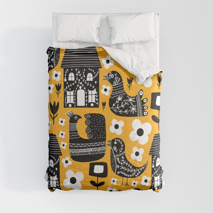 Maximalism Folk art Yellow Comforter