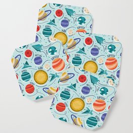 Paper space adventure I // aqua background multicoloured solar system paper cut planets origami paper spaceships and rockets Coaster