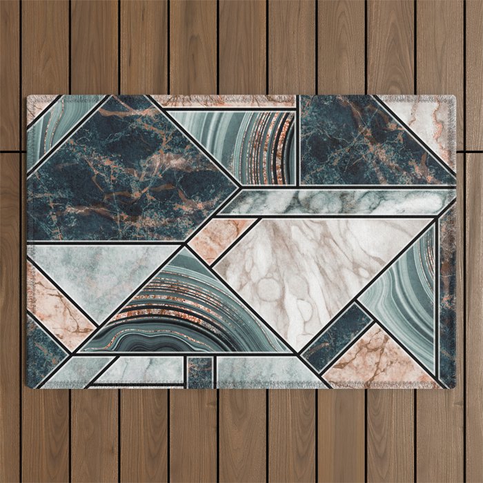 Art Deco Teal + Rose Gold Abstract Marble Geometry Outdoor Rug