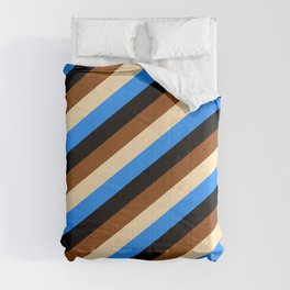 [ Thumbnail: Blue, Black, Brown, and Beige Colored Lines Pattern Comforter ]