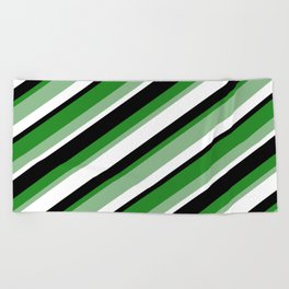 [ Thumbnail: Forest Green, Dark Sea Green, White & Black Colored Striped Pattern Beach Towel ]
