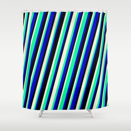 [ Thumbnail: Beige, Green, Blue, and Black Colored Striped/Lined Pattern Shower Curtain ]