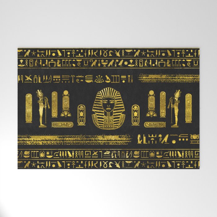Golden Egyptian Sphinx on black leather Welcome Mat