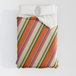 [ Thumbnail: Orchid, Pale Goldenrod, Dark Green, and Red Colored Striped/Lined Pattern Duvet Cover ]