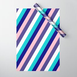 [ Thumbnail: Vibrant Dark Turquoise, Blue, Pink, Dark Slate Blue & White Colored Lined/Striped Pattern Wrapping Paper ]