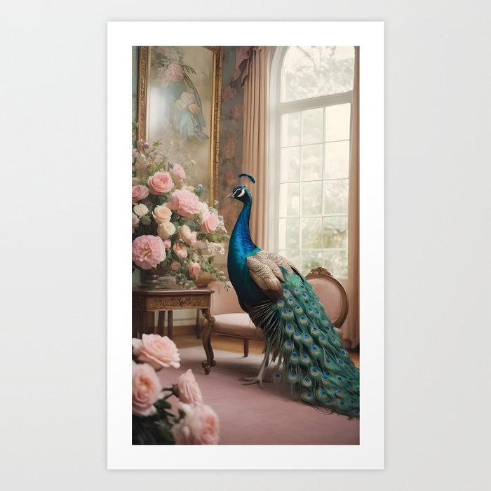 Peacock and Pastel Petal Parade Art Print