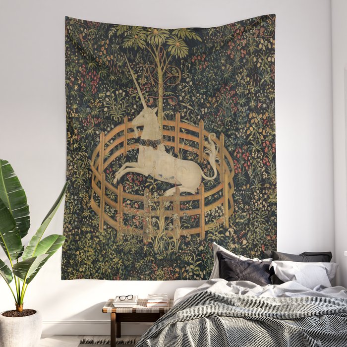 The unicorn rests store in a garden tapestry