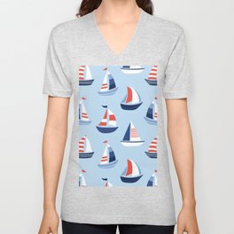 Sailboats in the distance - Blue and Orange V Neck T Shirt