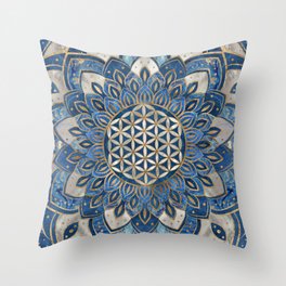 Flower of Life in Lotus - Blue Marble and Pearl Throw Pillow