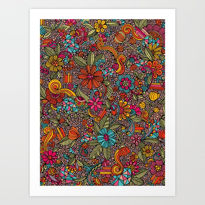 Flowers in the doodles garden Art Print