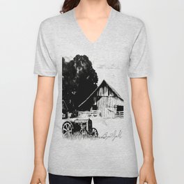 THE HOMESTEAD - Original Rustic Art Drawing - Barn - Tractor  V Neck T Shirt