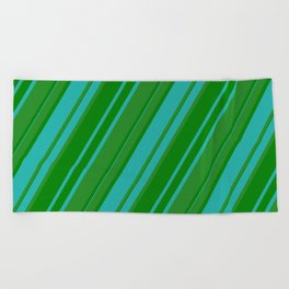 [ Thumbnail: Forest Green, Green & Light Sea Green Colored Pattern of Stripes Beach Towel ]