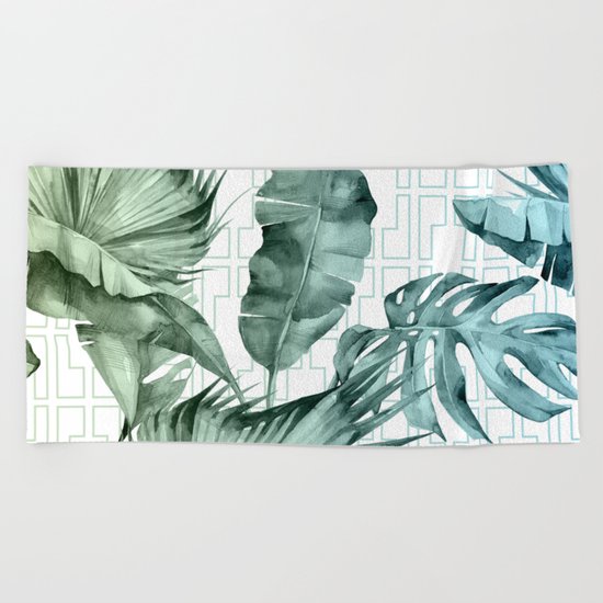 Mod Tropical Palm Leaves in Turquoise Green Blue Gradient Beach Towel