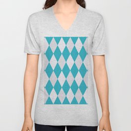 Blue And Silver Grey Diamond Argyle Pattern V Neck T Shirt