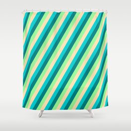 [ Thumbnail: Teal, Green, Beige, and Dark Turquoise Colored Striped/Lined Pattern Shower Curtain ]
