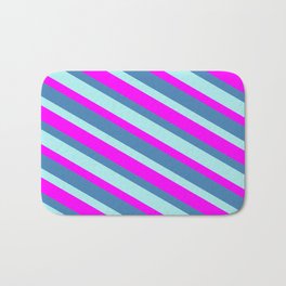 [ Thumbnail: Fuchsia, Blue & Turquoise Colored Lines/Stripes Pattern Bath Mat ]