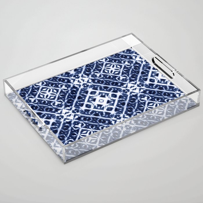 Baroque tie dye of white and indigo blue squares Acrylic Tray