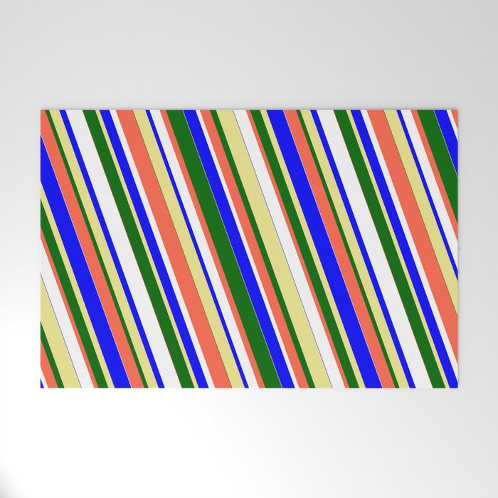 Vibrant Blue, Tan, Dark Green, Red, and White Colored Stripes/Lines Pattern Welcome Mat