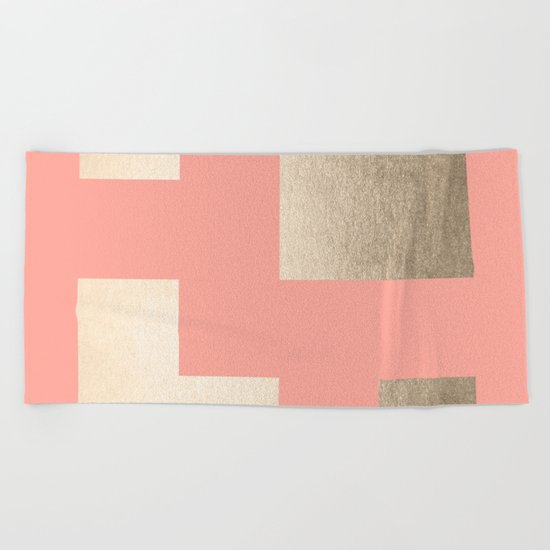 Simply Geometric White Gold Sands on Salmon Pink Beach Towel
