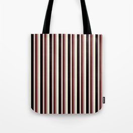 [ Thumbnail: Red, Dark Gray, Beige & Black Colored Lines/Stripes Pattern Tote Bag ]