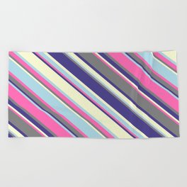 [ Thumbnail: Colorful Hot Pink, Gray, Dark Slate Blue, Light Yellow, and Light Blue Colored Stripes/Lines Pattern Beach Towel ]