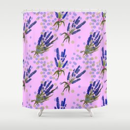 small bouquets of lavender on pink background with polka dots watercolor seamless pattern Shower Curtain