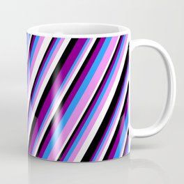 [ Thumbnail: Purple, Blue, Violet, White & Black Colored Stripes Pattern Coffee Mug ]