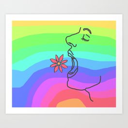 Eating a flower, with hunger, on a rainbow background Art Print