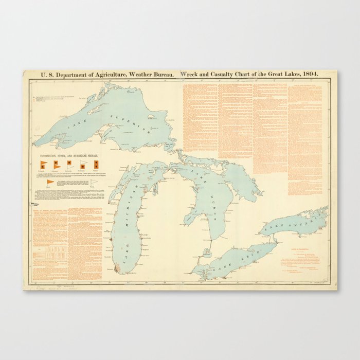 Vintage Great Lakes Shipwreck Map (1894) Canvas Print by BravuraMedia Society6