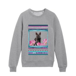 Turquoise Frame - grey Cat with Lotos Flowers Kids Crewneck