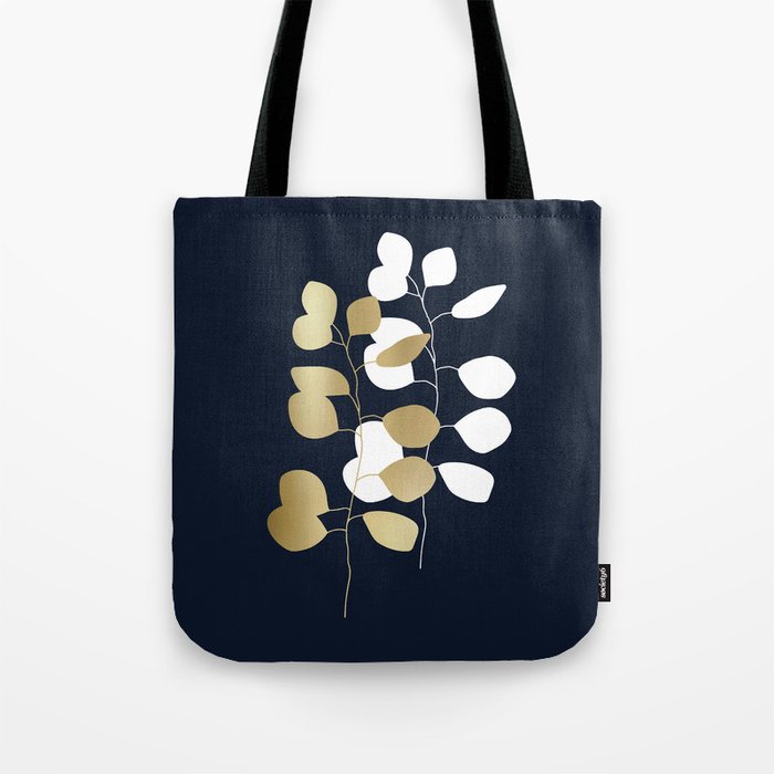 Leaf Duo, Gold and White on Navy Blue Tote Bag