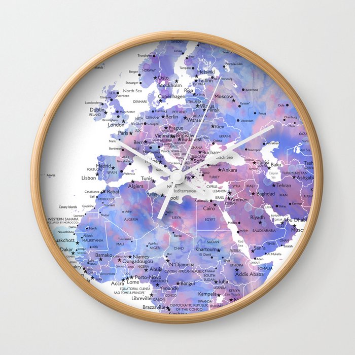 Blue and purple detailed watercolor world map with cities Zora Wall Clock
