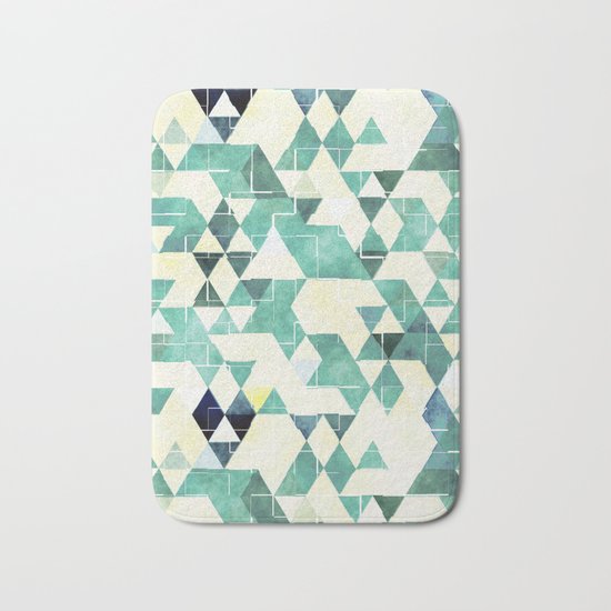 Abstract Green Triangles, Watercolor Pattern Bath Mat