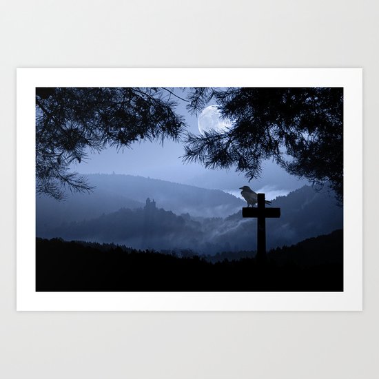 Castle in a foggy night Art Print