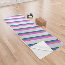 [ Thumbnail: Lavender, Green, Royal Blue & Hot Pink Colored Pattern of Stripes Yoga Towel ]
