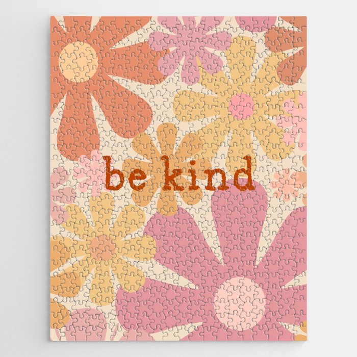 Be Kind Motivational Typography with Retro 60s 70s Floral Pattern Pink Orange Yellow Jigsaw Puzzle