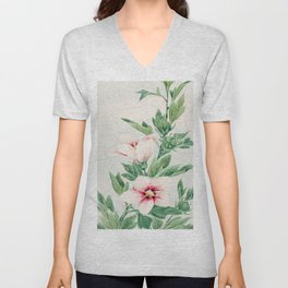 Vintage Japanese Pink Hibiscus Woodblock Painting V Neck T Shirt