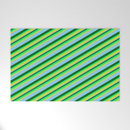 [ Thumbnail: Dark Green, Green, Yellow & Light Sky Blue Colored Lined Pattern Welcome Mat ]
