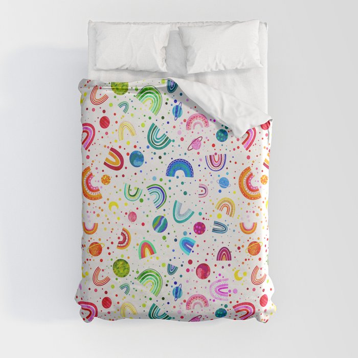 Rainbow Outer Space White Duvet Cover