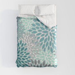 Modern, Floral Prints, Teal and Gray Duvet Cover