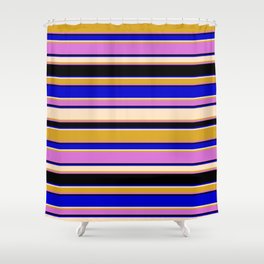 [ Thumbnail: Colorful Blue, Bisque, Goldenrod, Orchid, and Black Colored Stripes Pattern Shower Curtain ]