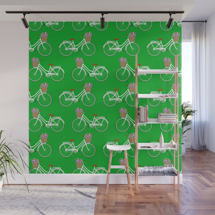 Bicycle with flower basket on green Wall Mural