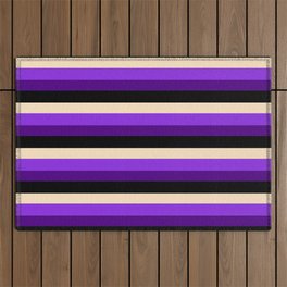 [ Thumbnail: Bisque, Purple, Indigo & Black Colored Pattern of Stripes Outdoor Rug ]