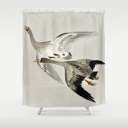 Geese mid flight - Vintage Japanese Woodblock Print Shower Curtain