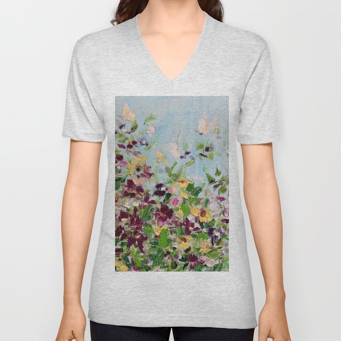 Bright flower meadow butterflies. Summer field landscape rich colors. V Neck T Shirt