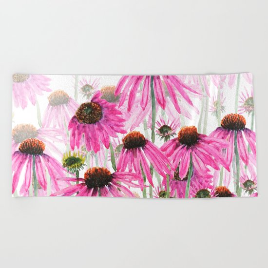 pink coneflower field Beach Towel